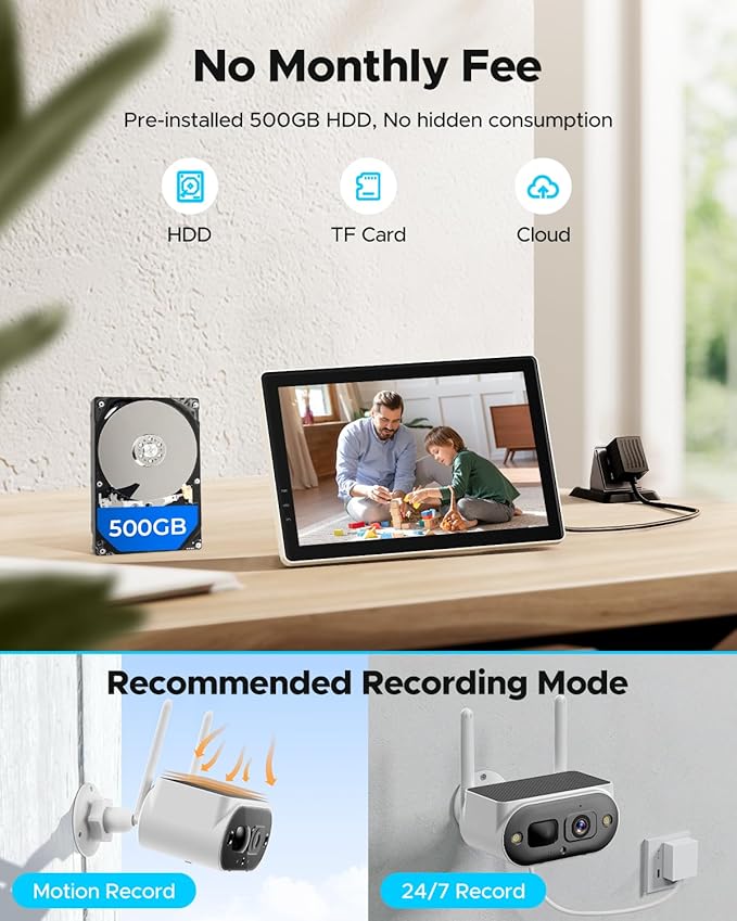 Camcamp Solar Camera Outdoor Wireless with 10" Monitor, 4MP Home Security Camera System, Solar-Powered, Color Night Vision, 10CH Expandable, 500GB Local Storage for Surveillance, 2.4 & 5GHz WiFi