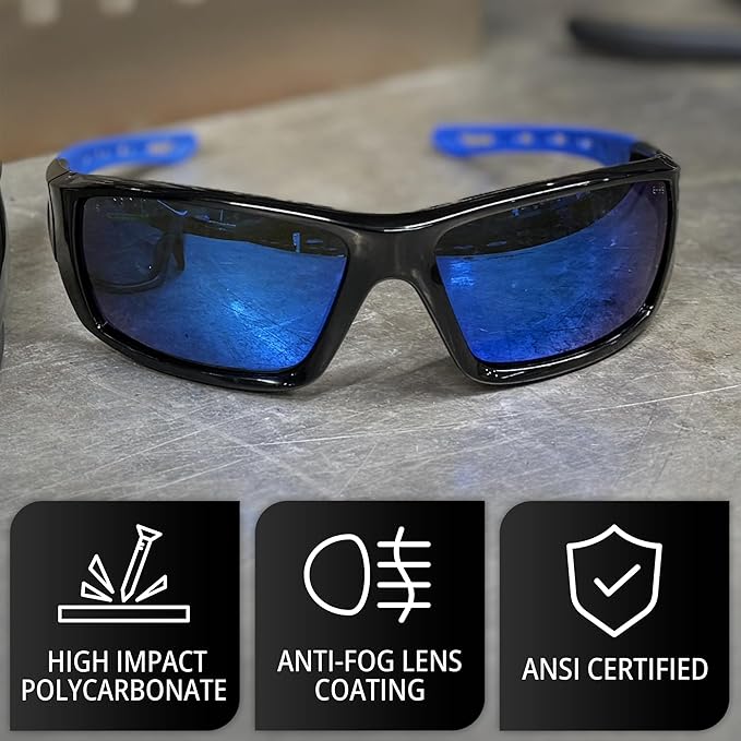 Veratti Spectrum Safety Glasses, Polarized Blue Mirror Lens, ANSI Z87.1 Certified, Anti-Fog, Black/Blue Frame
