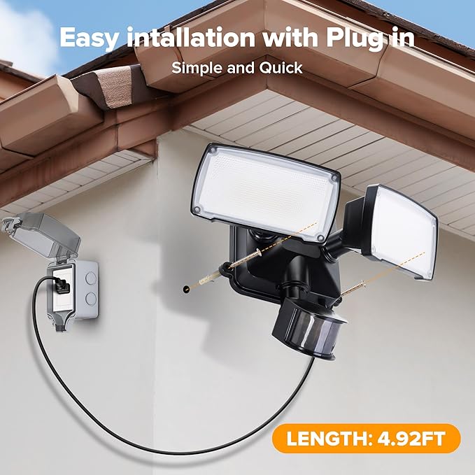 LUTEC 21W Plug in Motion Sensor Light Outdoor, Flood Lights Outdoor Motion Sensor,2500LM, 5000K Daylight,IP65 Waterproof,Adjustable 2 Heads Wall Light for Garage, Porch, Yard - Black