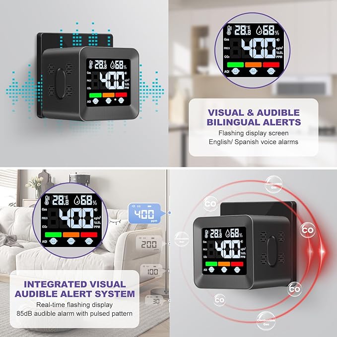 Plug-in 4-in-1 Gas & CO Detector with Temp/Humidity - Natural Gas, Propane & Methane Detector for Home, RV & Apartments (1, Black-Bleep Edition)