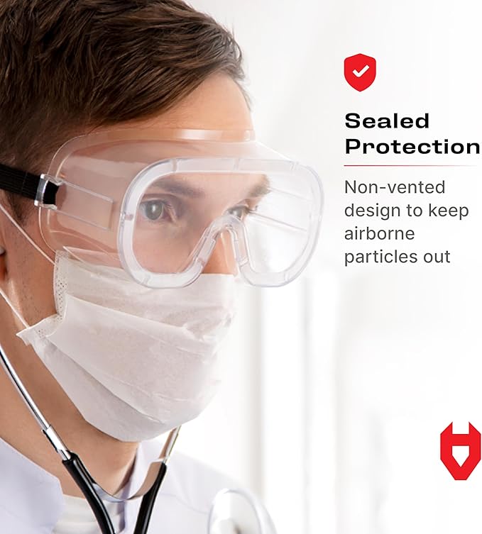 NoCry Protective Non-Vented Safety Lab Goggles with Anti-Fog Coating, Clear Scratch-Resistant Lenses, Universal OTG Fit, an Adjustable Headband, ANSI Z87.1 Rating, and UV Protection