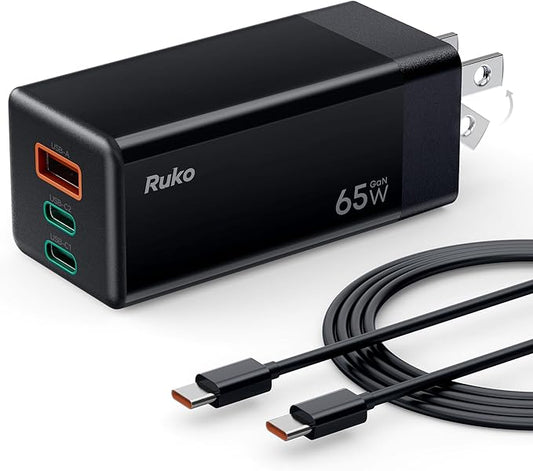 Ruko 65W USB C Charger, 3 Port Compact Foldable GaN Fast Charging Block Wall Charger for MacBook, Galaxy, Dell, Note, iPhone, iPad, Pixel and More (4ft USB-C Cable Included)