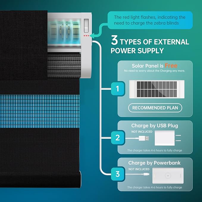 Motorized Zebra Blinds, Solar Powered Dual Layer Automatic Shades with Remote Control, Rechargeable Smart Blinds Horizontal Wireless Electric Shades for Windows, Custom Size, Black， 34 x 72