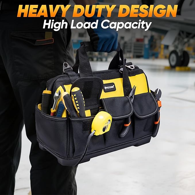 TICONN Heavy Duty Tool Bag with Multi-Pockets, Portable Tool Box Organizer Storage Bag, with Adjustable Shoulder Strap and Ergonomic Handle (Yellow, 16" Molded Base)