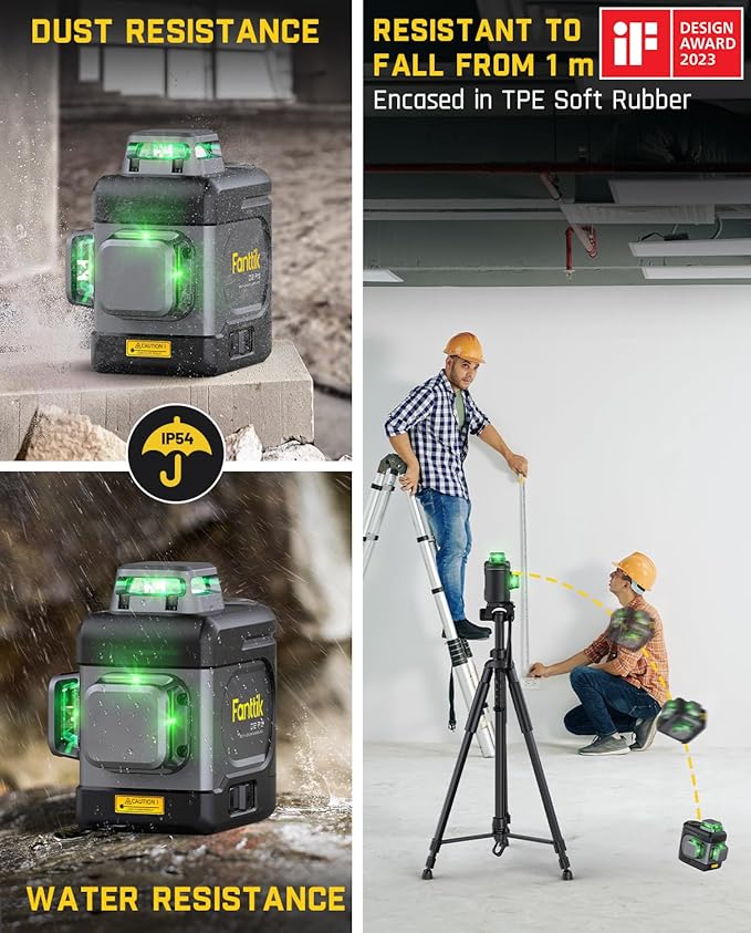Fanttik D12 PRO Laser Level 3 x 360°, Self-Leveling Cross Line Laser with LED Screen, 3D Green Cross Line, 5200 mAh Battery Rechargeable, Pulse Mode, Magnetic Support
