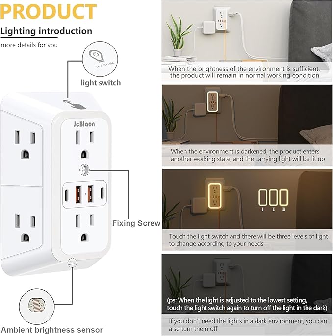 Outlet Extender with Night Light, Multi Plug Outlet Surge Protector,6 Outlet Splitter with 4 USB Outlet (2 USB A,2 USB C) 3 Sided Multi Plug Wall Adapter Power Strip for Home Travel Office 2 Pack