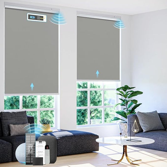 Motorized Blinds with Remote Control【Solar Panel Included】 100% Blackout Smart Roller Blinds Automatic Blinds for Windows Cordless Electric Shades Compatible with Alexa Tin Grey,34" W*72" H