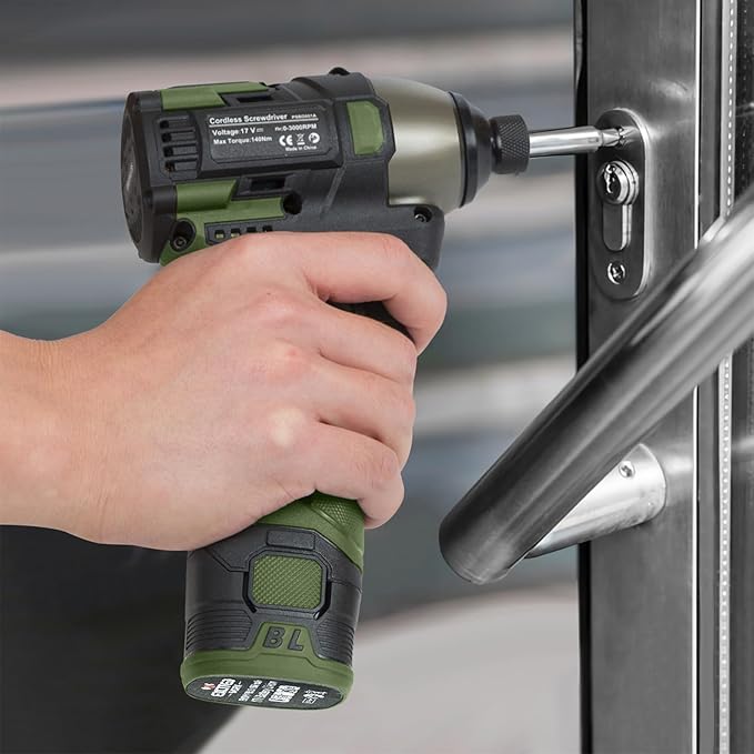 17V Brushless Screwdriver, 140Nm Cordless Impact Driver Set with 3 Adjustable Speed, 2 Batteries and Led Work Light