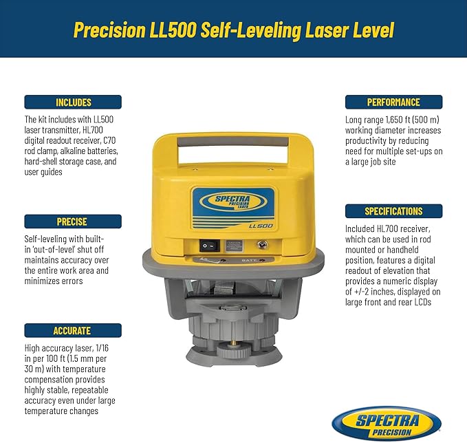Spectra Precision LL500 Self-Leveling Laser Level with HL700 Receiver, C70 Rod Clamp, Alkaline Batteries, Carry Case, Yellow
