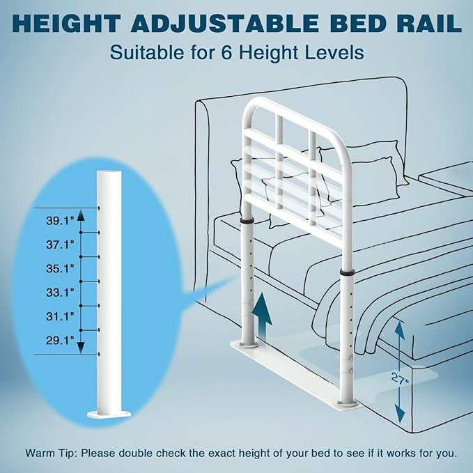 Bed Rail for Elderly Adults Safety, Heavy Duty Bed Rail with 6 Adjutsable Heights, Bed Assist Rail for Seniors, Twin, Queen, King Size Bed (400 LBS Loading, White)