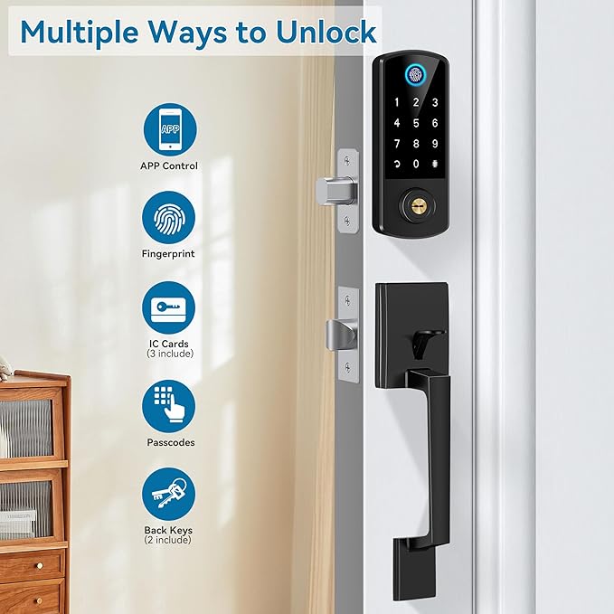 Keyless Entry Door Deadbolt with Handle Set, BEBASIA Fingerprint APP Smart Door Lock, Digital Keypad Bluetooth Deadbolt Lockset with Auto Lock Code Fob Black