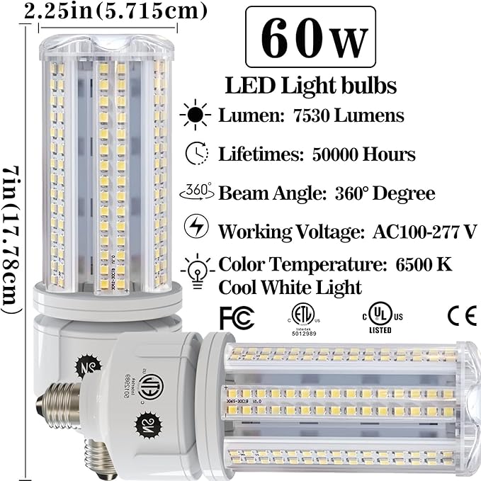 NS 2 Pack 7530 Lumen A19 60W LED Corn Light Bulbs E26 Medium Base 6500K Cool White for Home Garden Lighting Garage Backyard Office Household