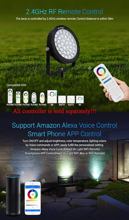 LGIDTECH FUTC05 25W RGB+CCT Outdoor LED Landscape Garden Spotlight AC100-240V Million Colors Changing,Color Temperature Adjustable,Memory Function.Remote,Wall Panel,Hub is Sold Separately