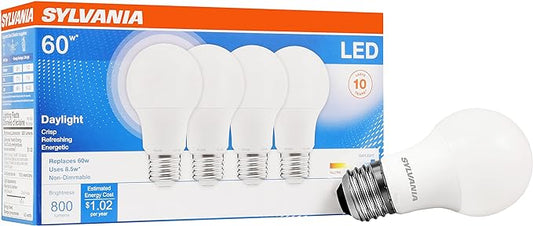 SYLVANIA LED A19 Light Bulb, 60W Equivalent, Efficient 8.5W, Frosted, 5000K, Daylight - (79284), 4 Count (Pack of 1)