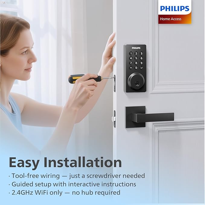 Philips WiFi Smart Door Lock, Smart Locks for Front Door, Keyless Entry Door Lock, Smart Lock Keypad Deadbolt, Buit-in WiFi, APP Remote Access, Compatible with Alexa & Google Assistant, Auto Locking