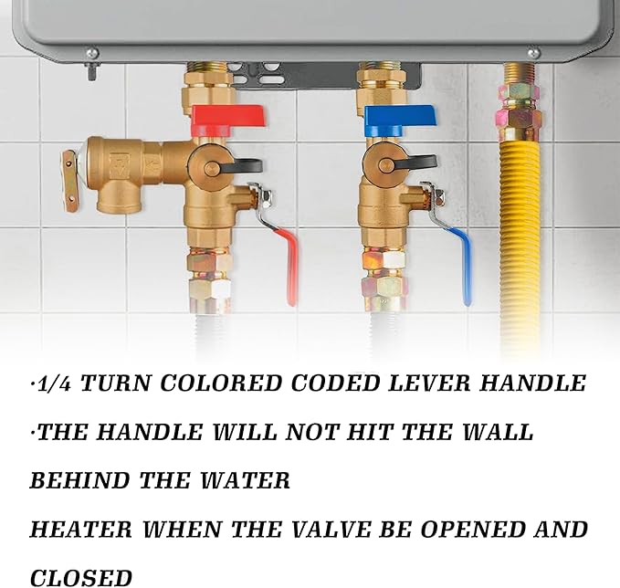 3/4 Inch IPS Isolator Tankless Water Heater Service Valve Kit, with Pressure Relief Valve, Clean Brass