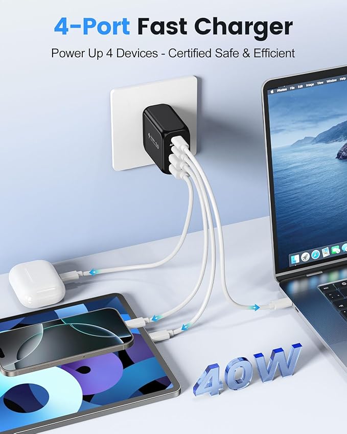 40W USB C Charger Block, 2-Pack 4-Port Fast Charging Block Power Adapter, Dual PD & QC Type-C Multiport Wall Charger for iPhone 16 15 14 13 12 11 Pro Max, Samsung, Tablets