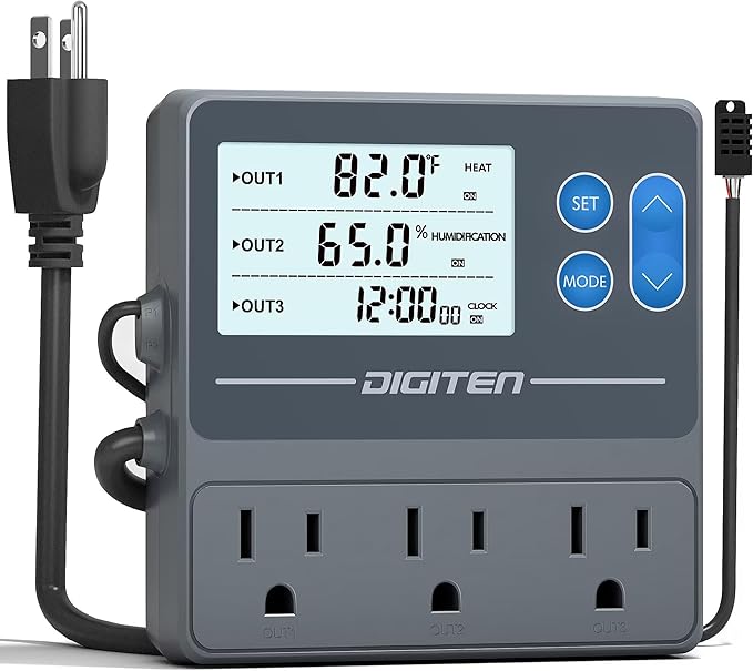 DIGITEN Reptile Temperature and Humidity Controller with Timer, Day-Night Function Thermostat, 3-Stage Outlet Plug in Temperature Controller for Reptile, Mushroom, Homebrew