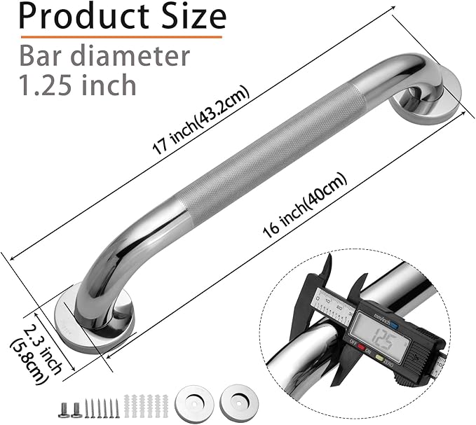 Shower Grab Bar, 2 Pack 16 Inch Bathroom Grab Bar, 1.25" Diameter 304 Stainless Steel Anti-Slip Grab Bars for Bathtubs and Showers, Handicap Shower Grab Bar for Seniors Elderly