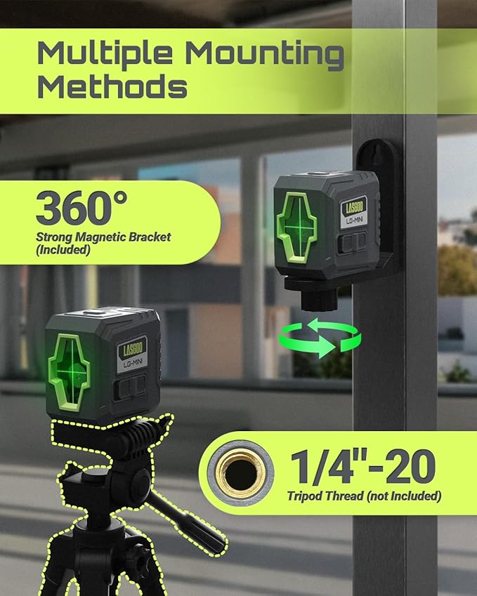 Mini Self-Leveling Green Laser Level, Cross Line Laser ideal for Picture Hanging and Construction, Includes Magnetic Rotating Stand and Batteries, Compact and Portable