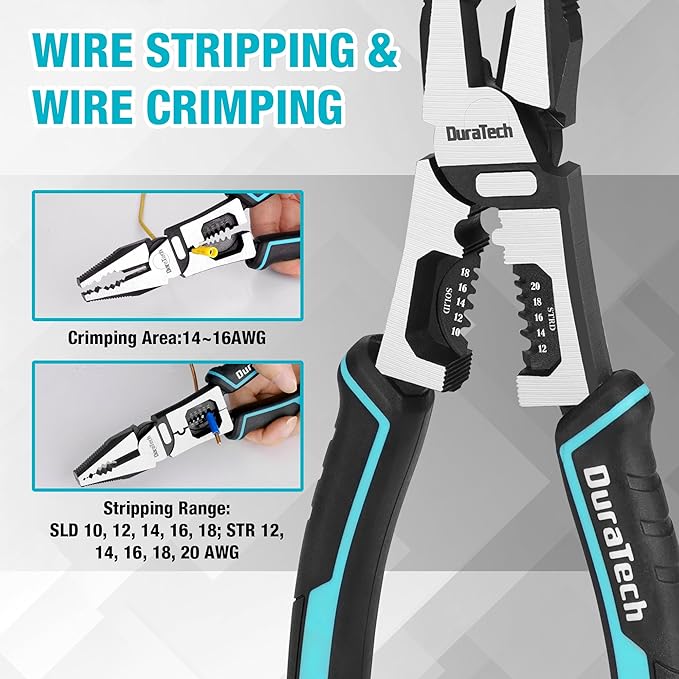 DURATECH 3PCS Pliers Set, Large 6 in 1 Multifunctional Wire Stripper Crimper Cutter, 8.5" Long Nose Pliers, 8.5" Linesman Pliers, 8" Diagonal Side Cutting