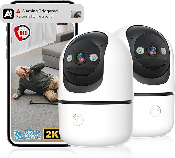 Security Cameras Indoor, 2K 5G&2.4Ghz WiFi Camera for Security Home with 911 Monitor Alert, 360 PTZ Baby/Pet/Dog Camera AI Search Motion Detection, Color Night Vision, Speaker, US Cloud Storage, 2Pack
