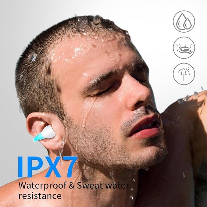 Clip On Earbuds, Wireless Bluetooth 5.3 Lightweight Comfort Bone Conduction Open Ear Headphones with LED Digital Display Charging Case Sport Built-in Mic IPX7 Waterproof for Running Fitness, Sky Blue