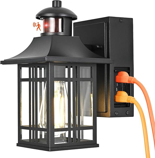 Motion Sensor Porch Light with Outlet, Outdoor Wall Lights Exterior Dawn to Dusk Outdoor Light Fixture with Outlet for House Patio Garage