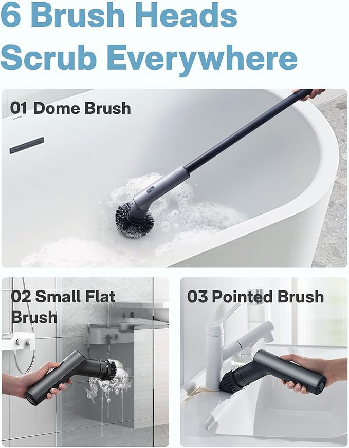 HOTO Cordless Electric Spin Scrubber, IPX7 Full Body Waterproof Bathroom Cleaning Brush, Max 22 in-lb, Shower Scrubber Brush with Long Handle, 6 Brush Heads, Power Scrubber for Bathroom, Floor, Tile