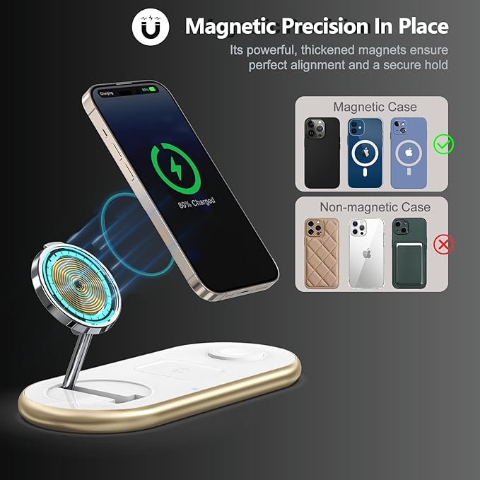 2025 Upgraded 3 in 1 Charging Station for Apple Devices, Fast Magnetic Mag-Safe Wireless Charger Stand for iPhone 16/15/14/13/12 Series & Apple Watch 1-9/Ultra & AirPods Pro (Gold)