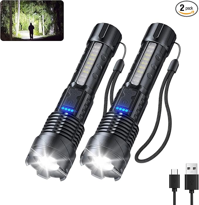 JIJ 2 Pack Rechargeable Flashlights High Lumens, 7 Modes LED Flashlight with IP67 Waterproof, Adjustable Handheld Tactical Flashlight for Camping, Home Emergency, Outdoor