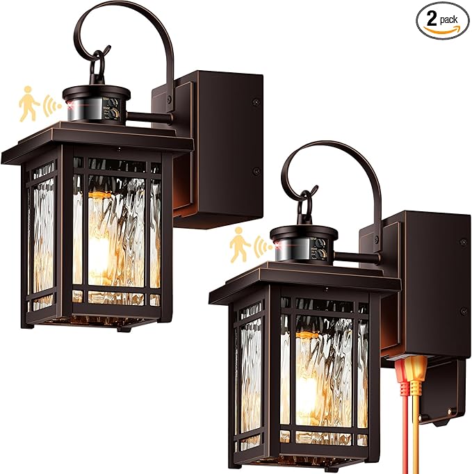 2-Pack Porch Light with GFCI Outlet, Motion Sensor Outdoor Wall Light Wall Mount, Oil Rubbed Bronze Exterior Lighting Fixtures, Anti-Rust Outdoor Lantern Wall Sconce for Garage, Patio, Balcony
