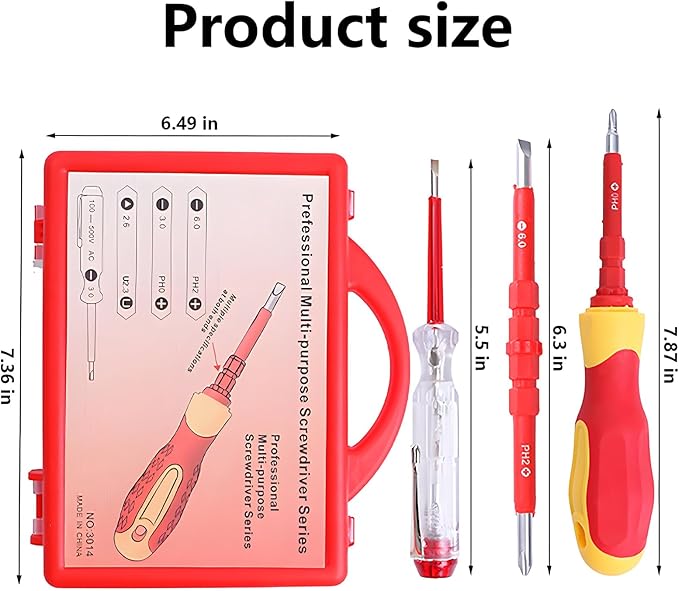 Insulated Screwdriver Set for Electricians – Ergonomic Handle, Magnetized Tips, Durable for Electrical Work, Receptacle & Outlet Screwdriver, Multi-Tool (5 in1)