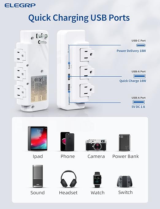 ELEGRP Outlet Extender with 3 Rotating Surge Protector Outlets, Multi Plug Outlet Adapter With 3 USB Ports, Power Strip with Spaced Outlet Splitter for Home, Office, Travel, ETL Listed, White, 2 Pack