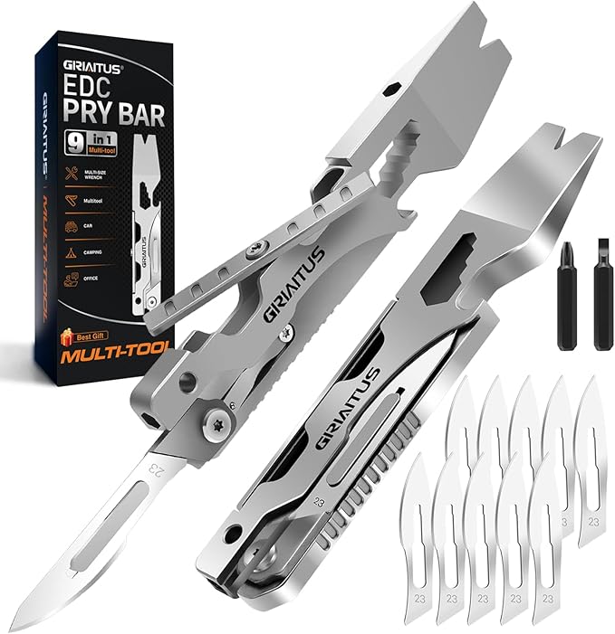 GIRIAITUS Multitool Pry Bar Tool with Multitool Knife, Bottle Opener, Hex Wrench, Screwdriver, Box Cutter Blade, Steel Handle, Everyday Carry, Cycling, Camping