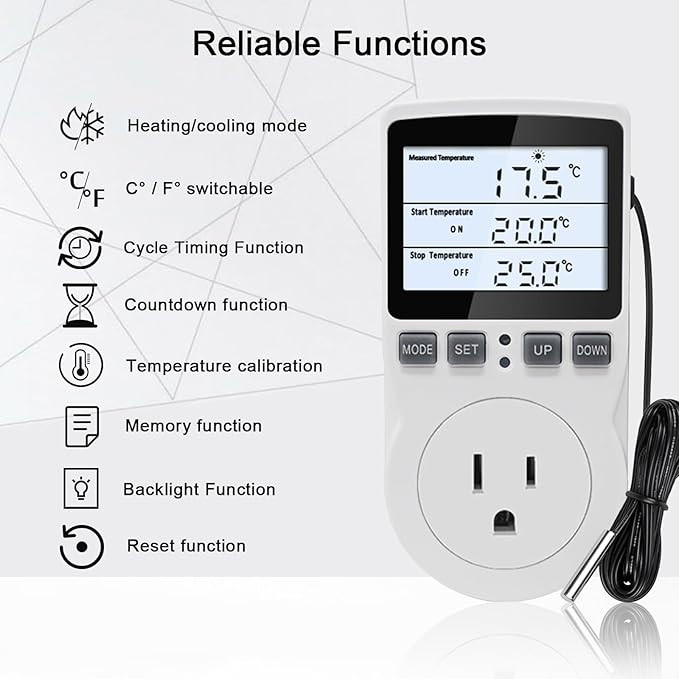 Digital Temperature Controller Thermostat Outlet Plug 120V with LCD Backlight, Heating Cooling Temperature Controlled Outlet 110V 15A with 3m Sensor