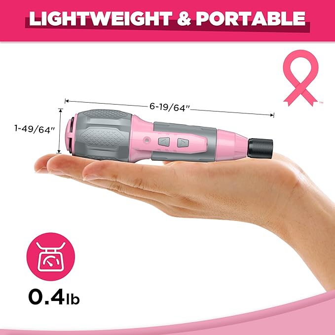 WORKPRO Electric Cordless Screwdriver Set - 4V USB Rechargeable Lithium-ion Battery Screwdriver Kit with LED Light - Small Screwdriver with 7pcs Bits for Home, Office, Apartment - Pink Ribbon