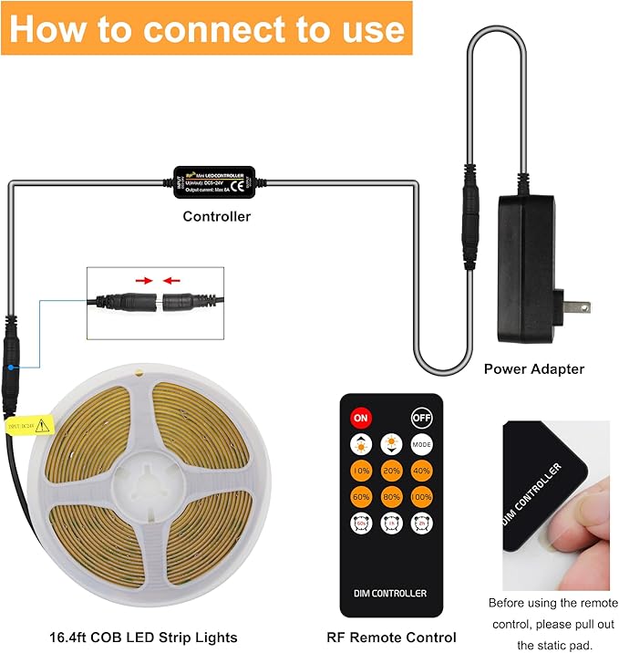 COB LED Strip Light Warm White, High Bright LED Lights with 2400LEDs, RF Remote and UL Power Supply, 2700K Dimmable LED Rope Lights for Mirror, Bedroom, Kitchen, DIY Home Decoration