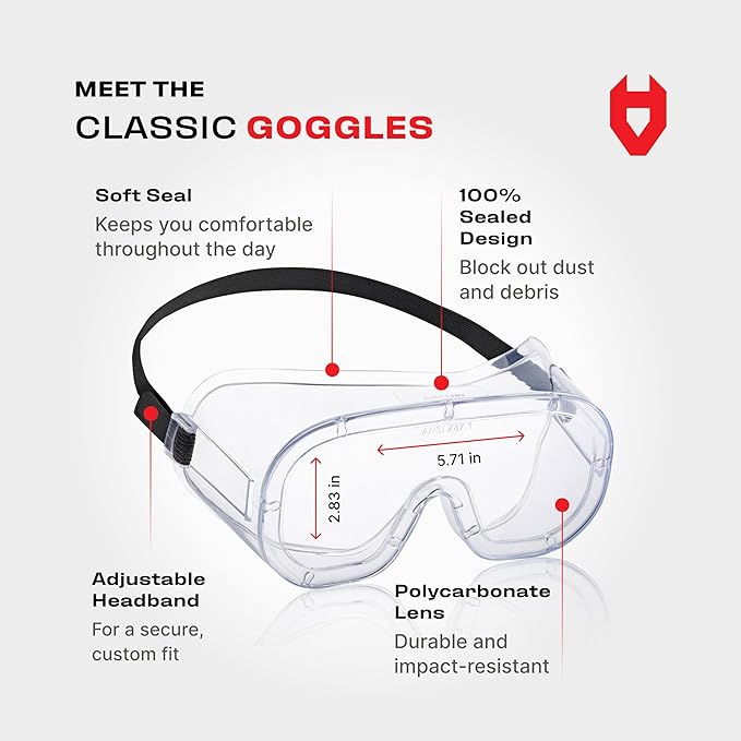 NoCry Protective Non-Vented Safety Lab Goggles with Anti-Fog Coating, Clear Scratch-Resistant Lenses, Universal OTG Fit, an Adjustable Headband, ANSI Z87.1 Rating, and UV Protection