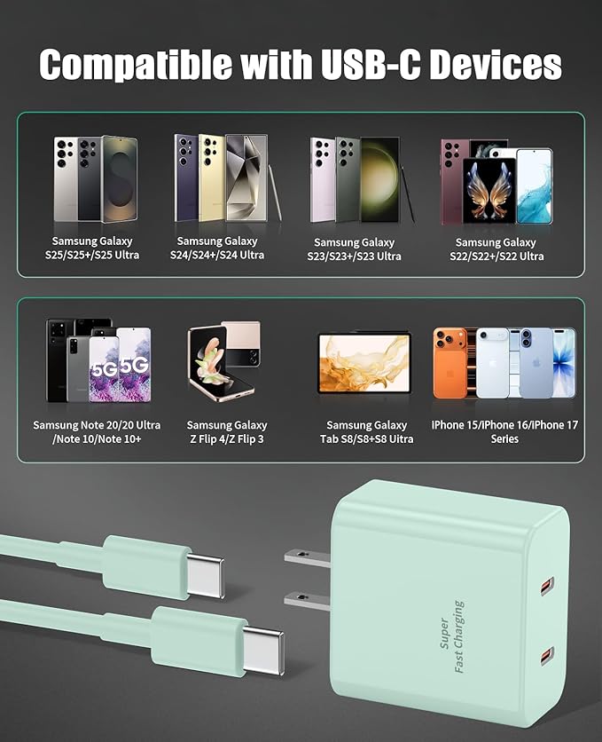 2 Pack 45W Super Fast Charger Type C for Samsung, USB C Android Phone Charger Fast Charging Block with 6FT/10FT Type C Charger Cord for Samsung Galaxy S25/S24/S23/S22+ Ultra/iPhone 17/16/15-Green