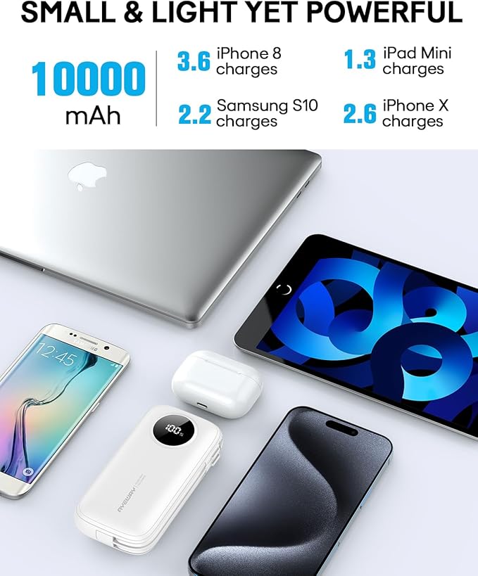 Ayeway Small Power Bank with Built-in Cable,10,000mAh USB C Fast Charge Battery Pack Portable Charger with 4 Output,Lightweight External Backup Battery Phone Charger for iPhone,Samsung,5V Heated Vest