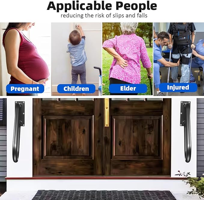 Handrails Wall Mount Stair Safety Handle Non-Slip Step Metal U-Shape Grab Yard Mounted Garage Porch Garden Hand Railings Powder Coated Heavy Duty Indoor or Outdoor Safe Bars Black for 1 to 3 Steps