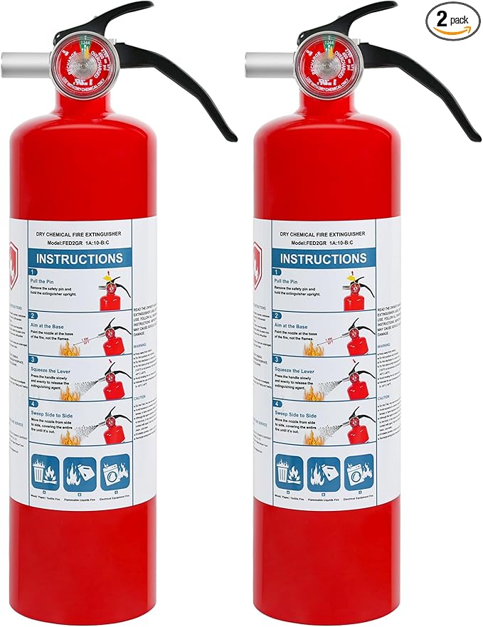2 Pack ABC Dry Chemical Fire Extinguishers, 2.5 lb 1A:10B:C Rating for Home, Car, Boat, Quick Release Handle, Compact & Portable Dry Powder extinguisher