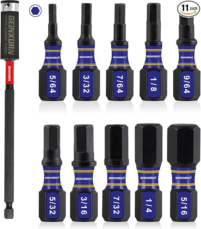 10pc 1" SAE Hex Head Impact Tough Magnetic Allen Wrench Drill Bits Set, 1/4" Hex Shank, S2 Steel, Impact Rated