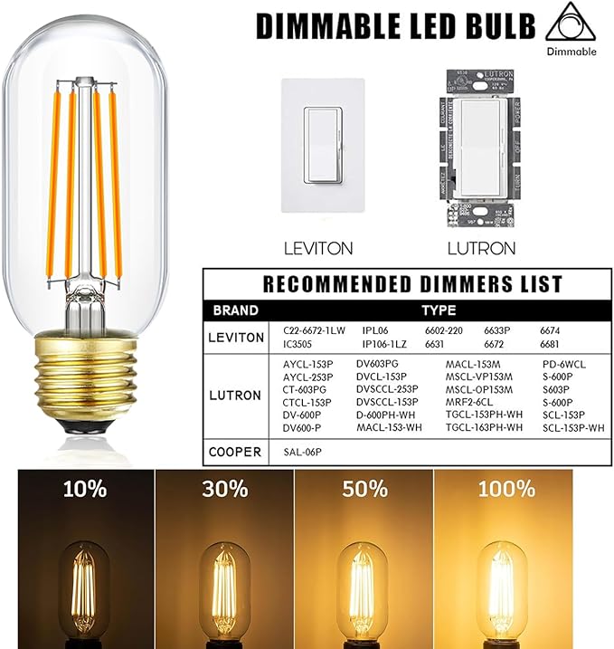 Leools E26 LED Bulb 8W Equivalent e26 led Bulb 75 Watt Dimmable E26 Edison Bulb AC120V 750lm Tubular T14 LED Bulb for Pendant, Sputnik,Vanity,Chandeliers Pack of 6 (8w=75w 3000k Soft White)