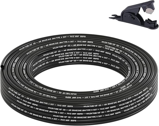50FT 1/8 DOT Air Line SAE J844 PA12 Nylon Air Hose with Cutter 1/8” OD Pneumatic Tubing DOT Approved 1/8 Air Brake Hose for Air Suspension Kit Truck Trailer Brake System & Fluid Transfer 15.5m