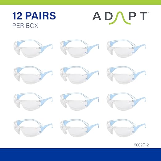 Adapt Moldex Safety Glasses (5002C-2), Clear Lens with Light Blue Temples, ANSI Z87.1 Certified, Anti-Fog, Scratch & UV Resistant, Unisex PPE Work Eyewear Protection for Men and Women (12-Pack)