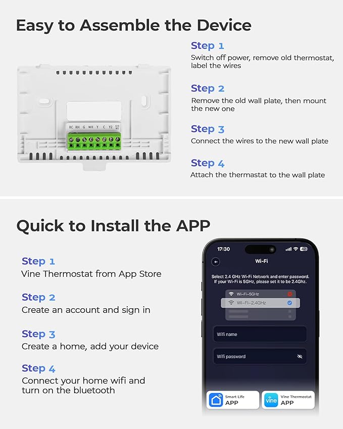 Vine Smart Thermostat for House with Nightlight, 4.3 Inches WiFi Thermostats for Home Work with Alexa and Google Assistant, 7day x 8period Programmable, C-Wire Required
