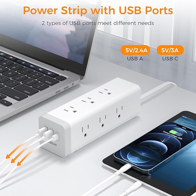 Surge Protector Power Strip 10 FT, TESSAN Ultra Thin Flat Plug Long Extension Cord with 9 Outlets 3 USB(1 USB C), 1050J Protection Desk Charging Station for Home, Indoor, Office, Dorm Room Essentials