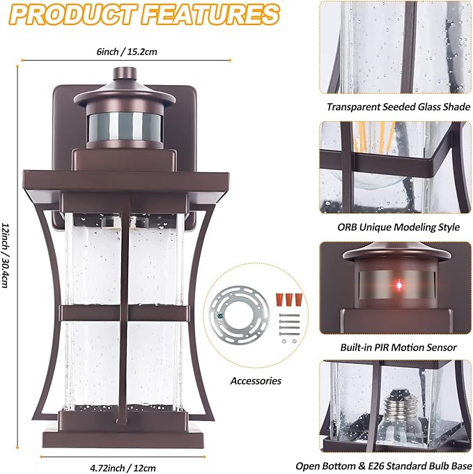 2 Packs Motion Sensor Outdoor Lights - Dusk to Dawn Outdoor Lighting, Oil Rubbed Bronze Porch Lights Outdoor Wall Sconce, Waterproof Exterior Light Fixtures for House, Garage, Entryway Anti-Rust, E26